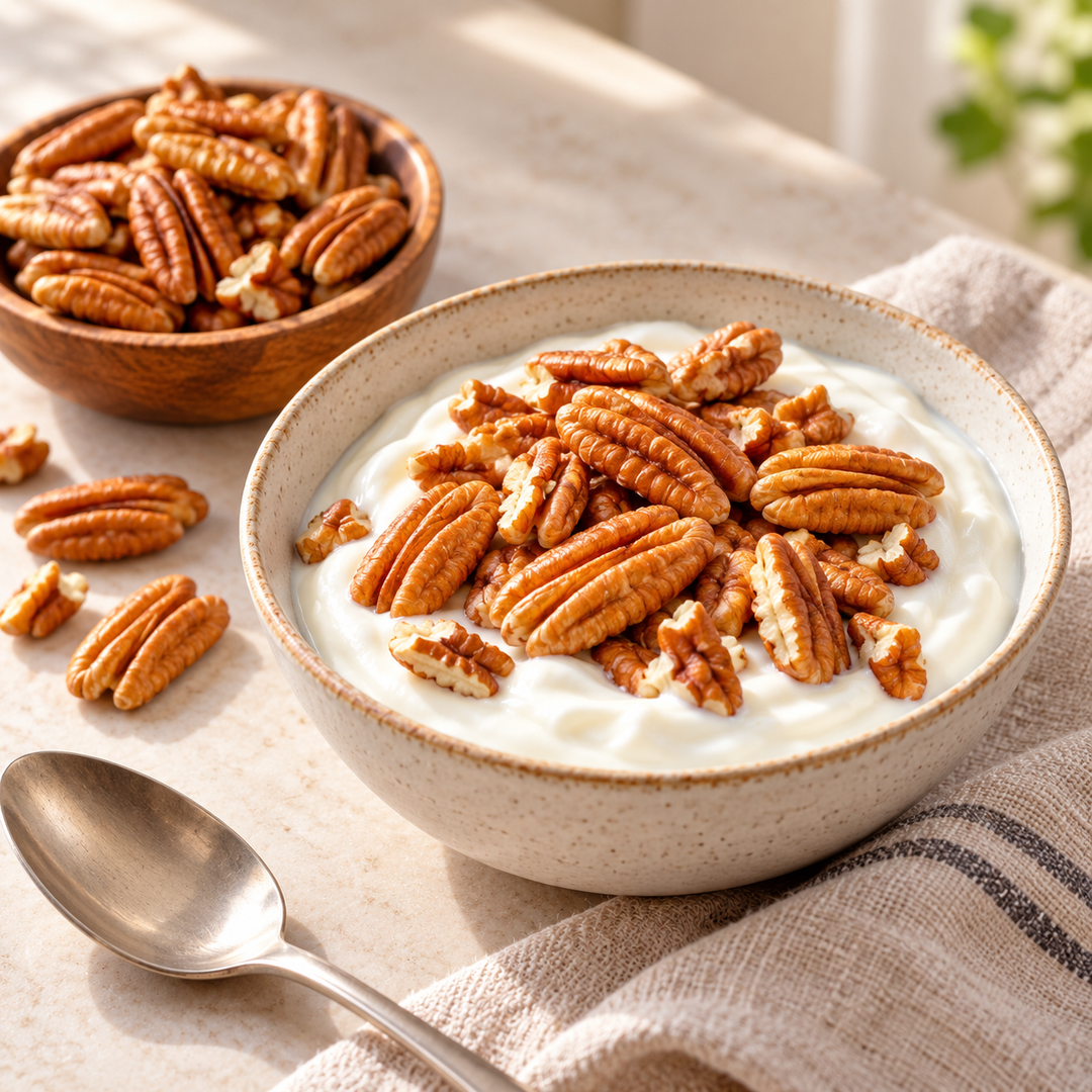 Pecan kernels served with plain yogurt — serving suggestion