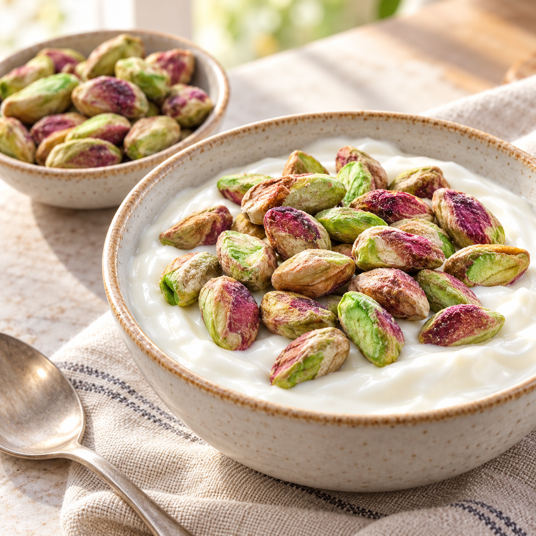Shelled pistachio kernels served with plain yogurt — serving suggestion