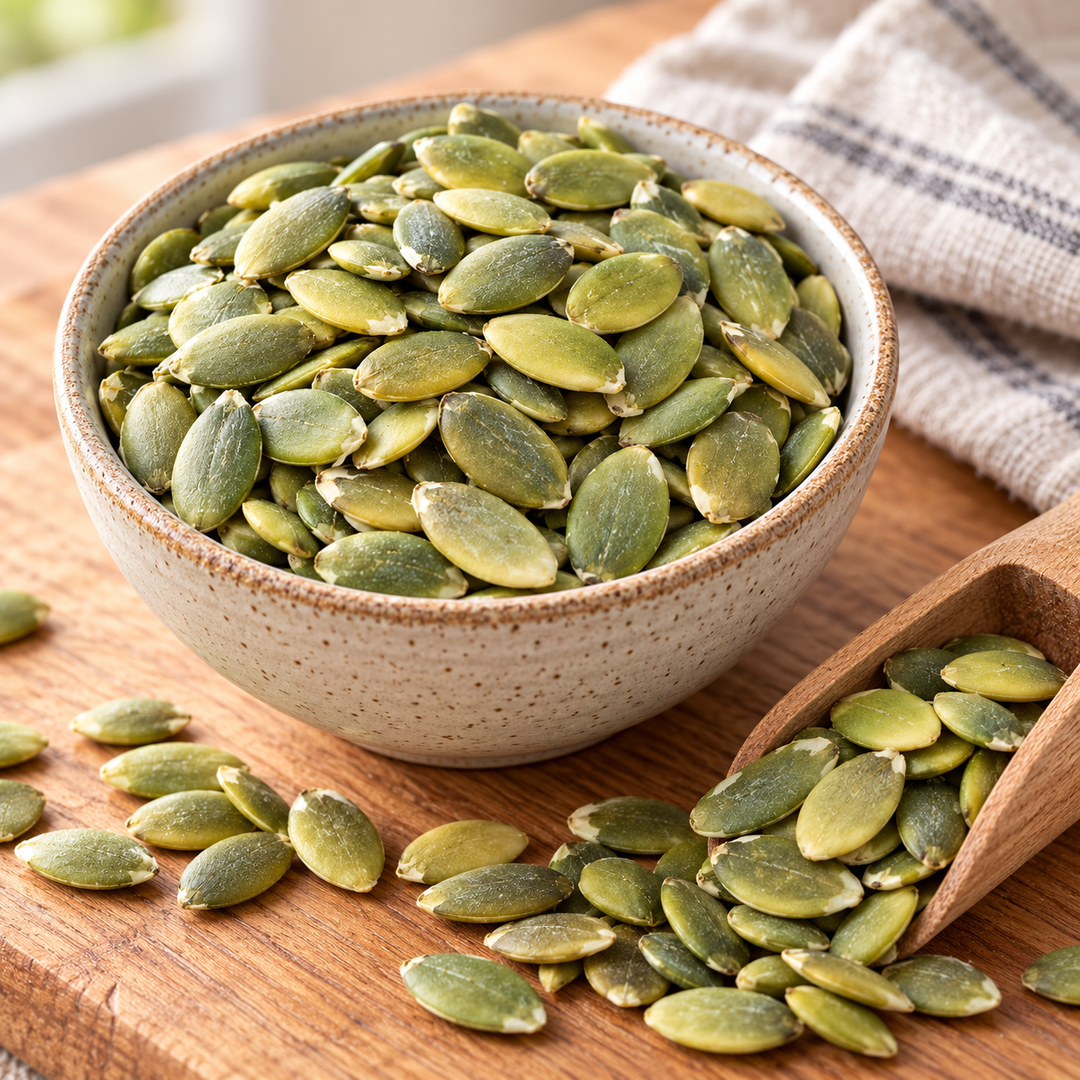 Shelled pumpkin seed kernels in a kitchen bowl — preparation suggestion