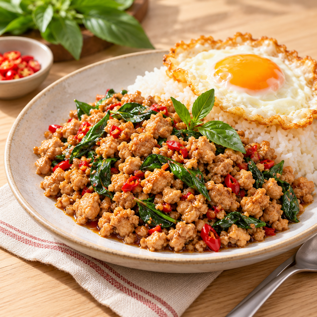 RosDee Menu Ka Prao Hot Basil Stir-Fry Seasoning — Pack of 10 | 50 g Each — serving or preparation suggestion