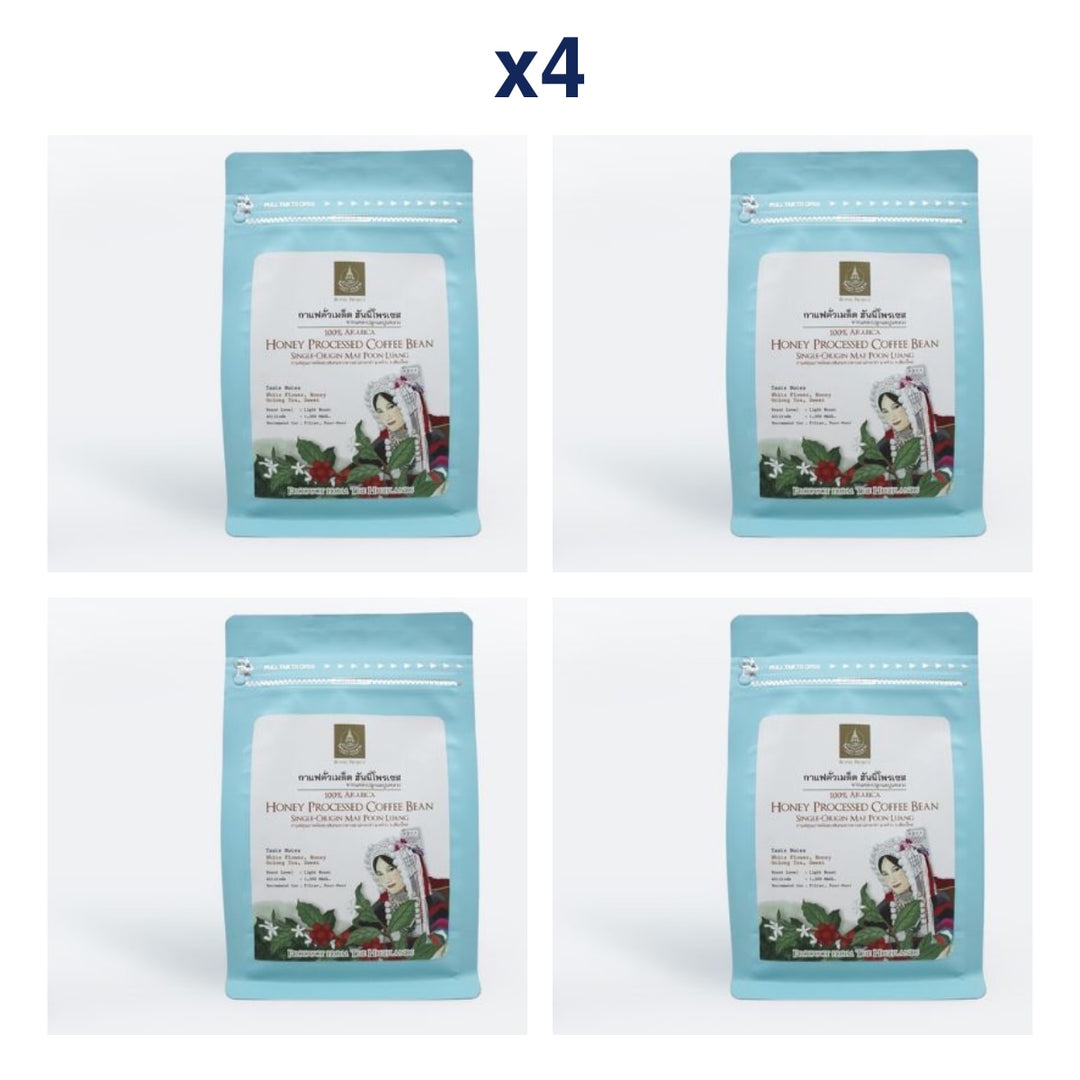 Royal Project Mae Poon Luang Honey Processed Arabica Coffee – Light Roast 200 g — Whole Beans Pouch — Pack of 4 — exact retail package quantity
