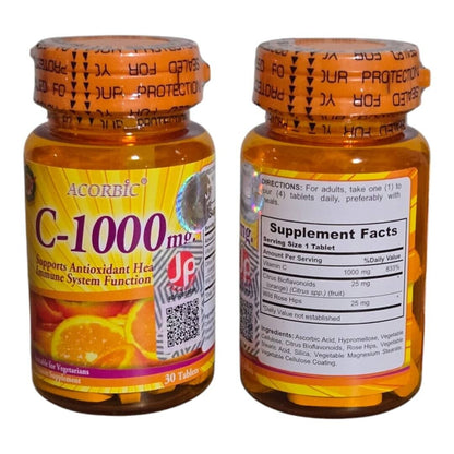 Acorbic C 1000mg – High-Potency Vitamin C Supplement for Immune Support – 2 Packs x 30 Tablets