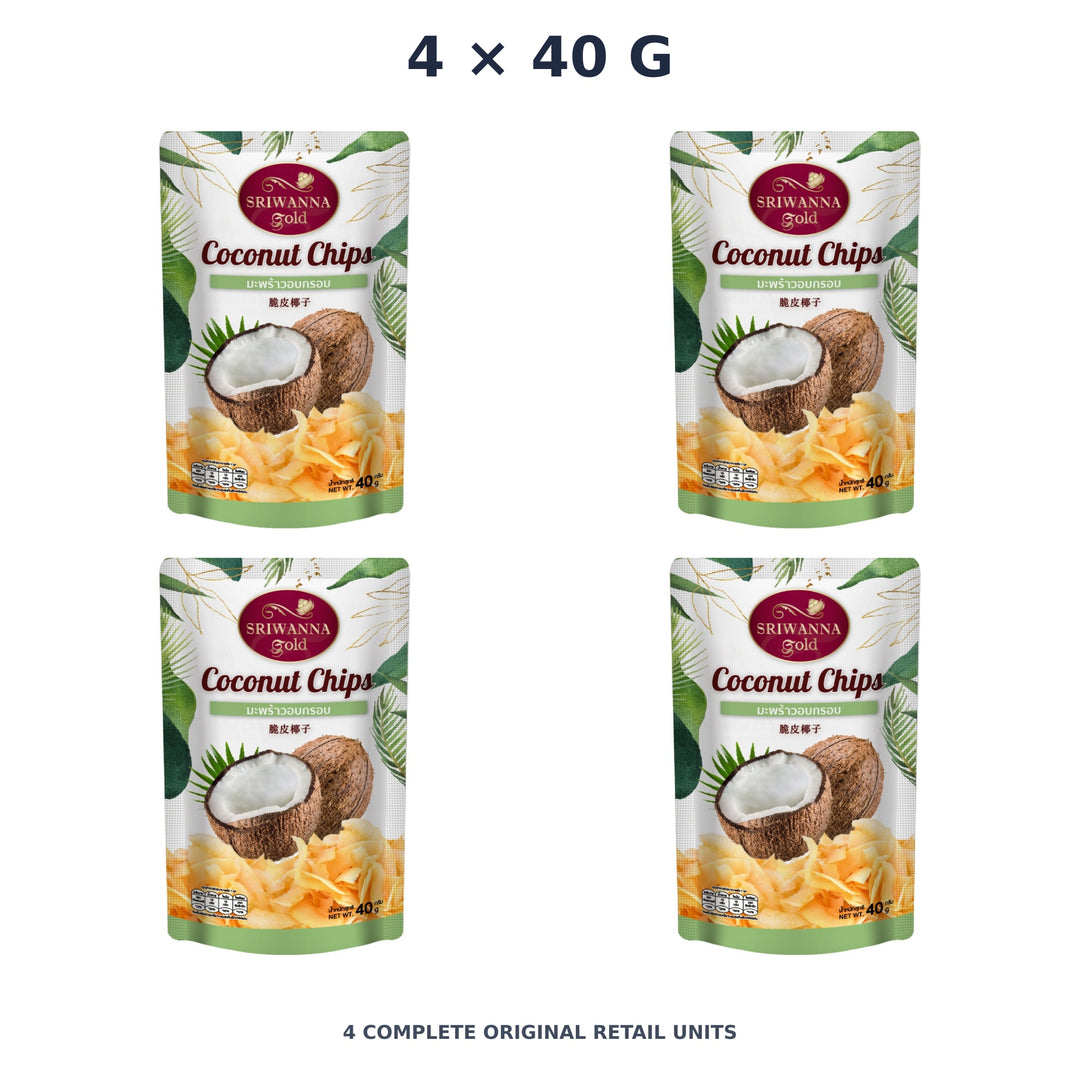 Sriwanna Gold Toasted Coconut Chips – 4 × 40 g — exact quantity shown on white background