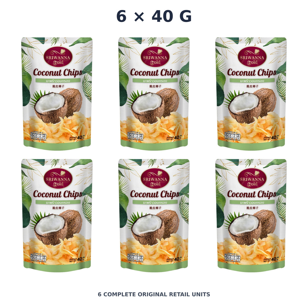 Sriwanna Gold Toasted Coconut Chips – 6 × 40 g — exact quantity shown on white background