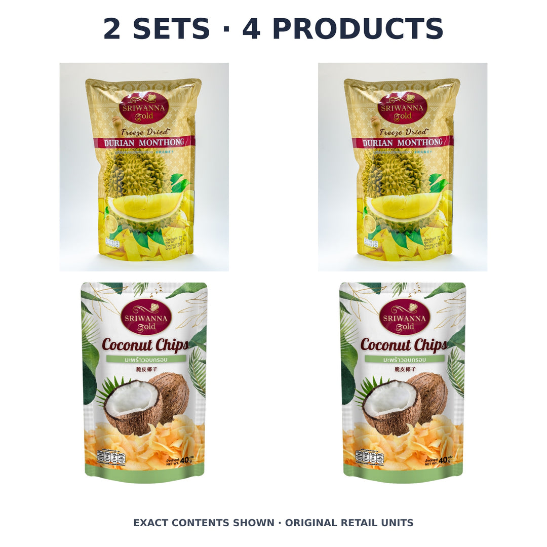 Sriwanna Gold Crispy Durian & Coconut Duo – 2 Sets · 4 Products — exact quantity shown on white background