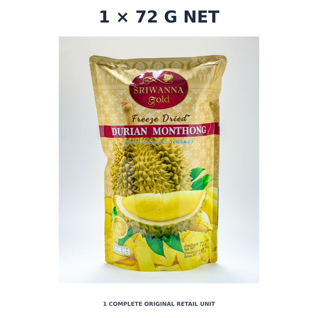 Sriwanna Gold Freeze-Dried Monthong Durian – 1 × 72 g net — exact quantity shown on white background