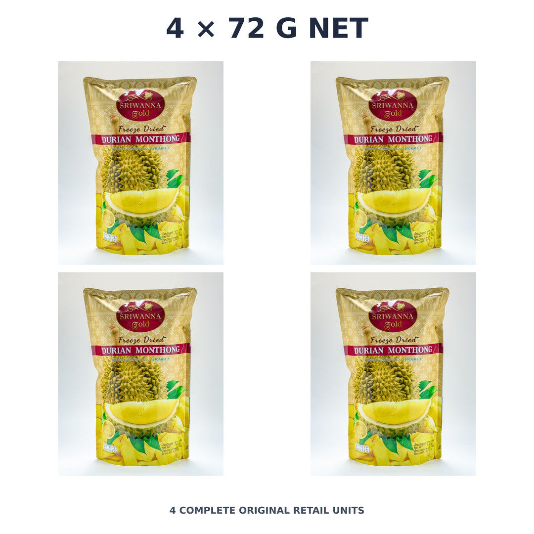 Sriwanna Gold Freeze-Dried Monthong Durian – 4 × 72 g net — exact quantity shown on white background