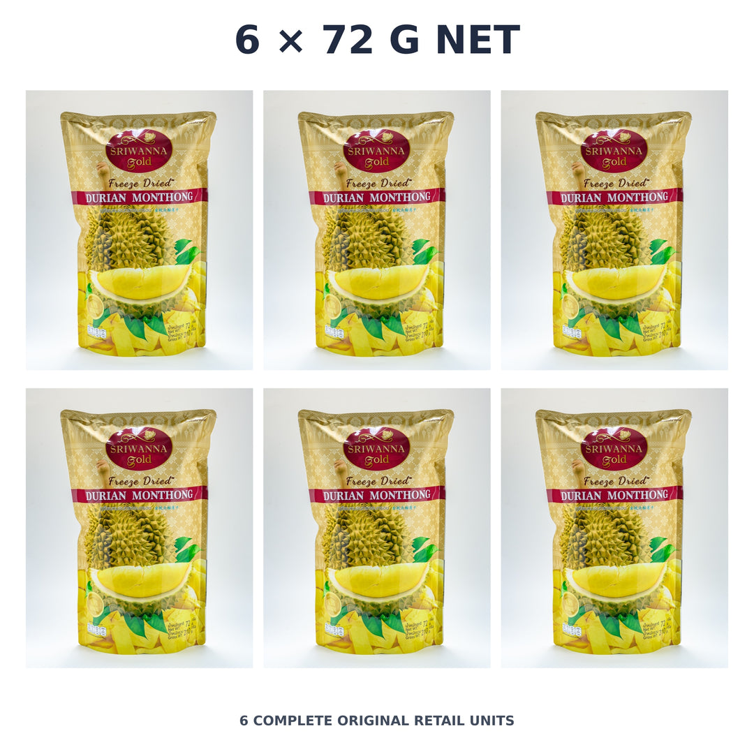 Sriwanna Gold Freeze-Dried Monthong Durian – 6 × 72 g net — exact quantity shown on white background
