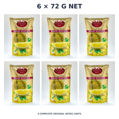 Sriwanna Gold Freeze-Dried Monthong Durian – 6 × 72 g net — exact quantity shown on white background