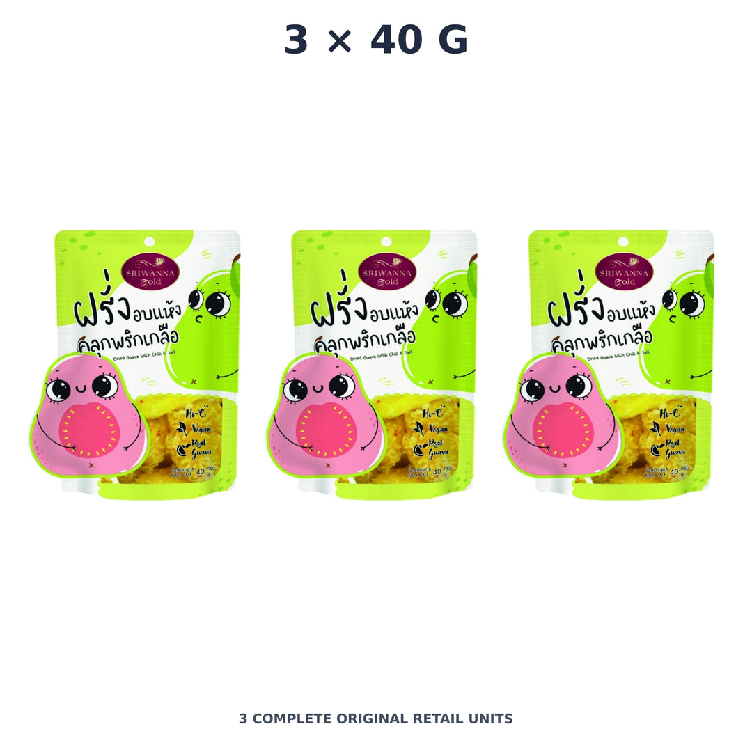 Sriwanna Gold Dried Guava with Chili & Salt – 3 × 40 g — exact quantity shown on white background