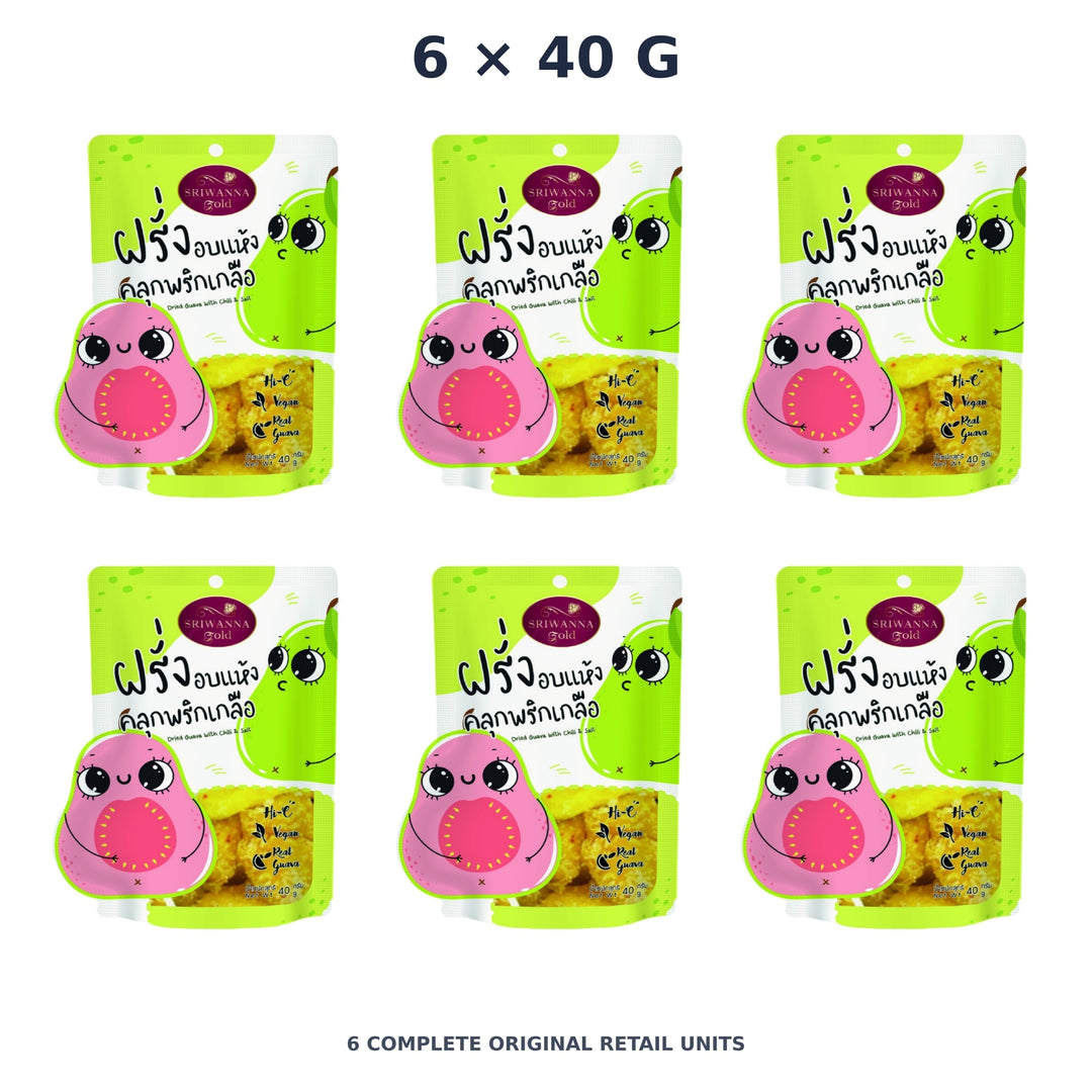 Sriwanna Gold Dried Guava with Chili & Salt – 6 × 40 g — exact quantity shown on white background