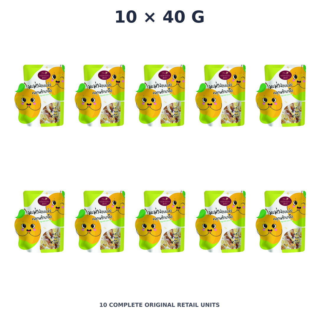 Sriwanna Gold Dried Mango with Chili & Salt – 10 × 40 g — exact quantity shown on white background