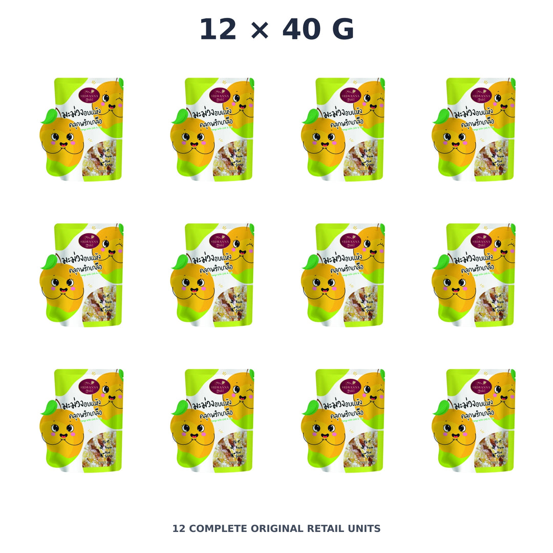 Sriwanna Gold Dried Mango with Chili & Salt – 12 × 40 g — exact quantity shown on white background