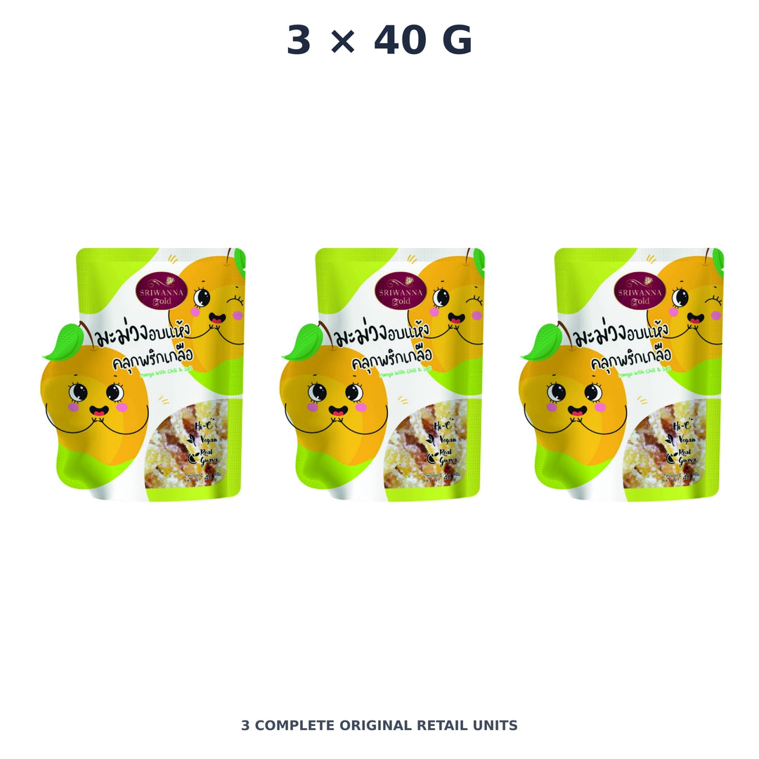 Sriwanna Gold Dried Mango with Chili & Salt – 3 × 40 g — exact quantity shown on white background