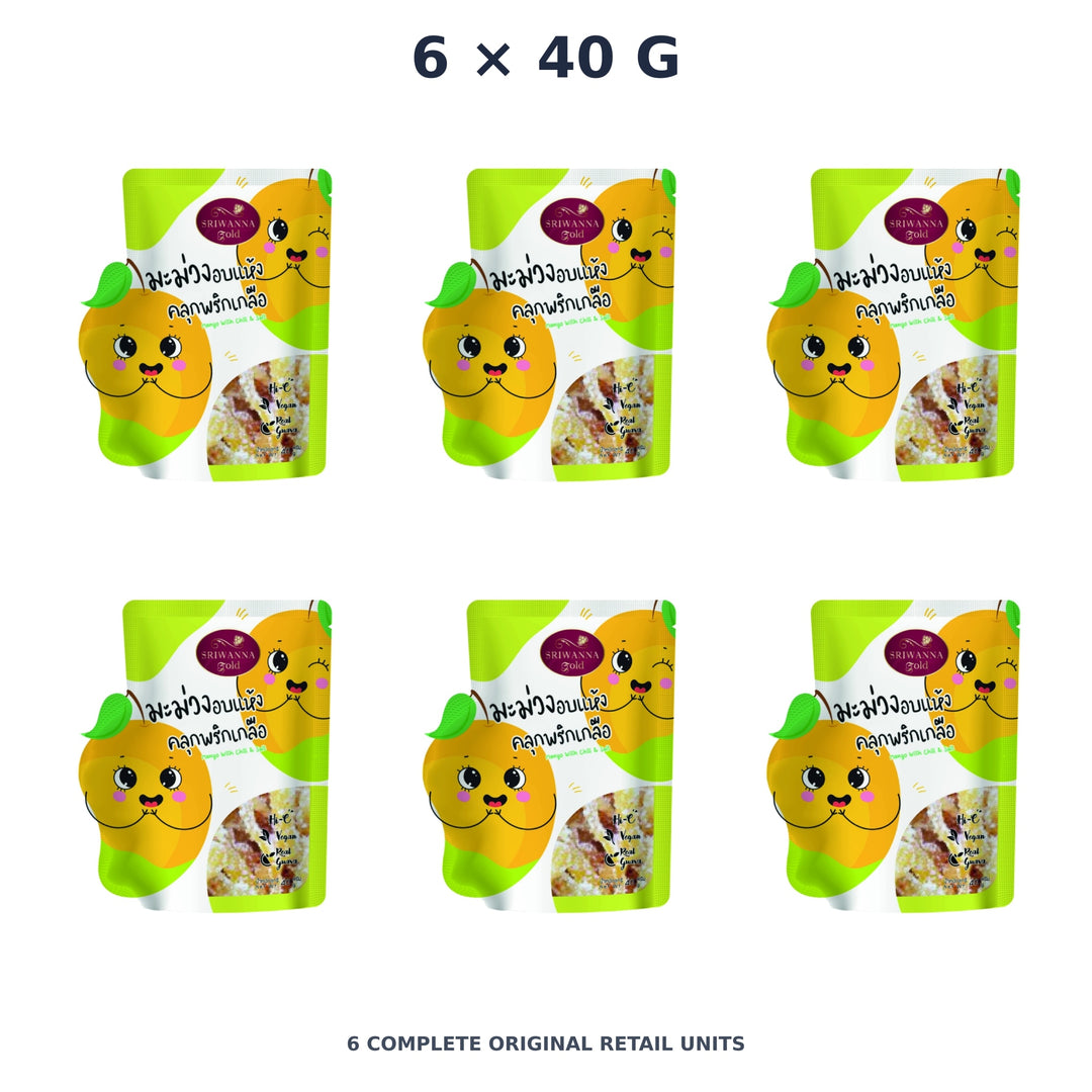 Sriwanna Gold Dried Mango with Chili & Salt – 6 × 40 g — exact quantity shown on white background