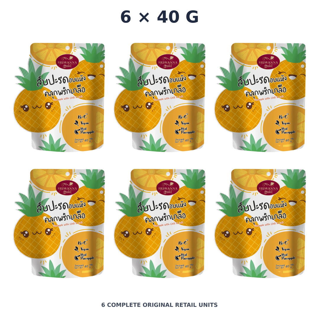 Sriwanna Gold Dried Pineapple with Chili & Salt – 6 × 40 g — exact quantity shown on white background