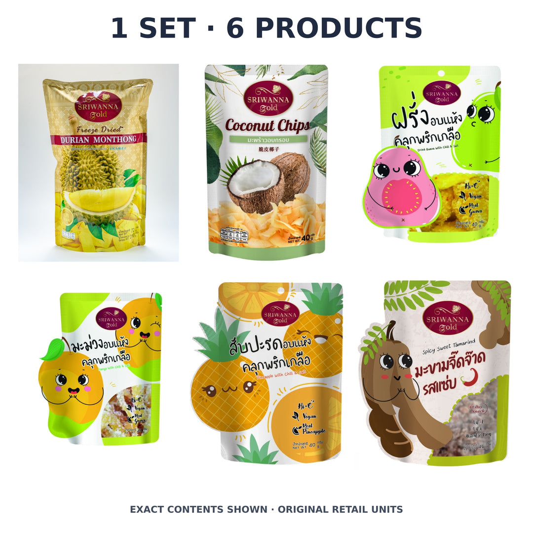 Sriwanna Gold Six-Flavour Thai Fruit Discovery – 1 Set · 6 Products — exact quantity shown on white background