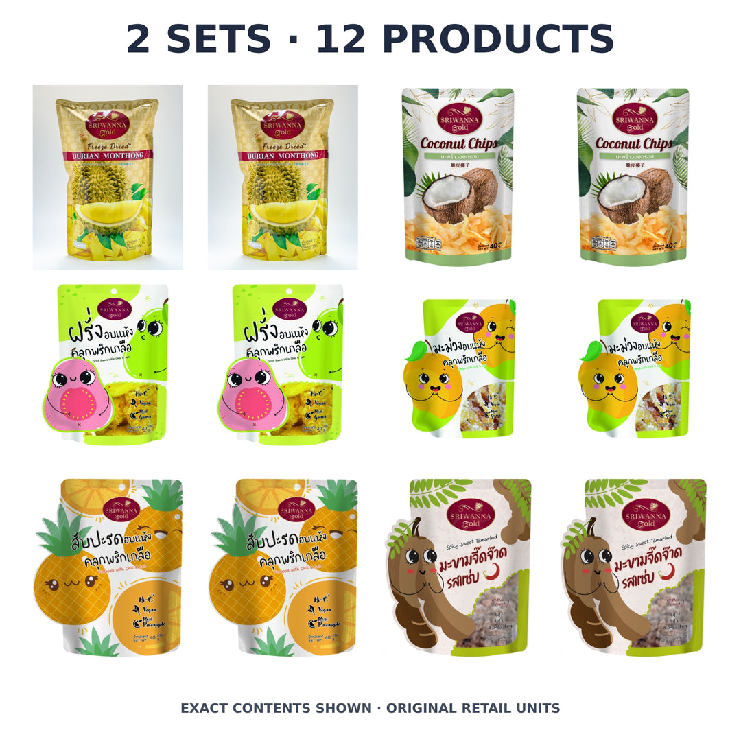 Sriwanna Gold Six-Flavour Thai Fruit Discovery – 2 Sets · 12 Products — exact quantity shown on white background