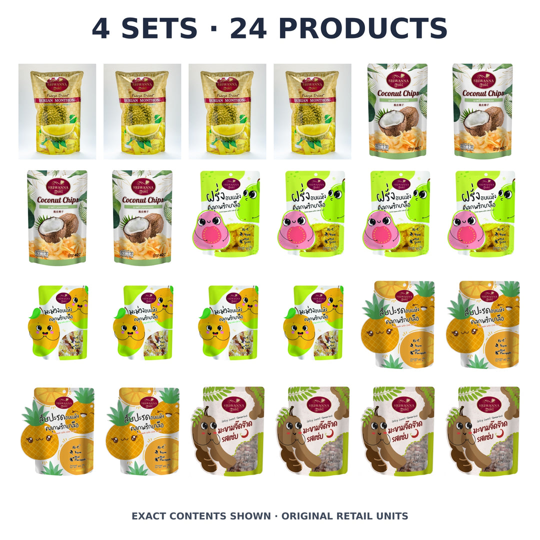 Sriwanna Gold Six-Flavour Thai Fruit Discovery – 4 Sets · 24 Products — exact quantity shown on white background