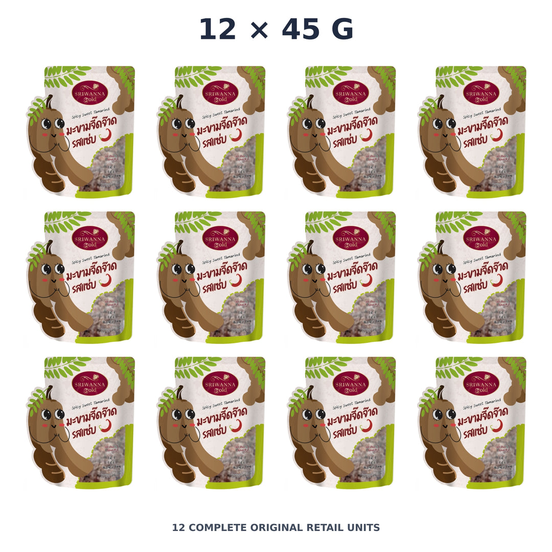 Sriwanna Gold Spicy Sweet Tamarind – 12 × 45 g — exact quantity shown on white background