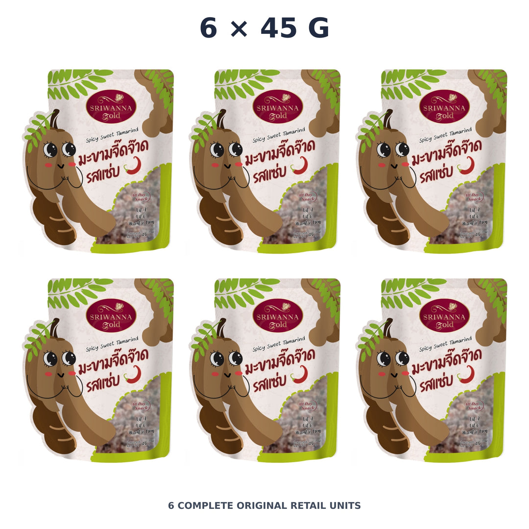 Sriwanna Gold Spicy Sweet Tamarind – 6 × 45 g — exact quantity shown on white background
