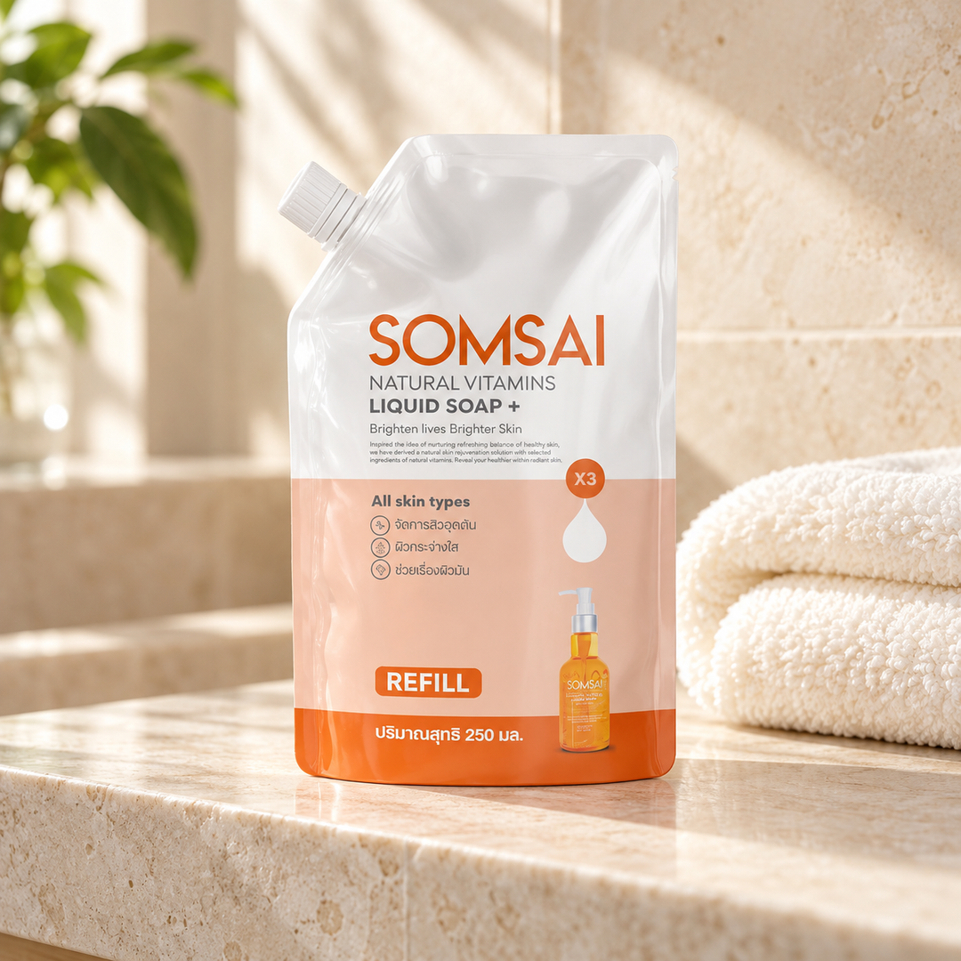 Somsai Natural Vitamins Liquid Soap+ Refill 250 ml refill — lifestyle view 1, serving or routine illustration