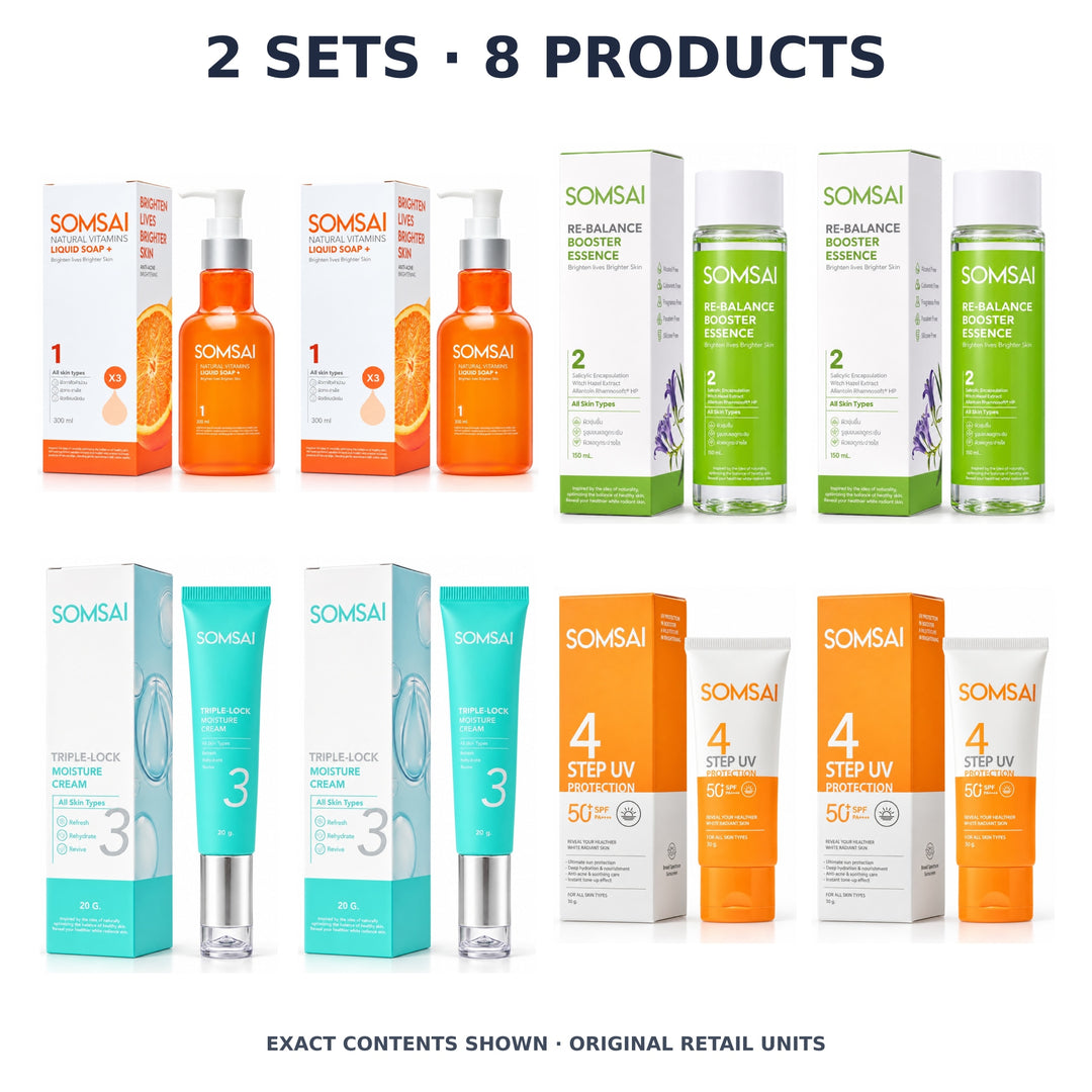 Somsai Four-Step Daily Face Routine – 2 Sets · 8 Products — exact quantity shown on white background