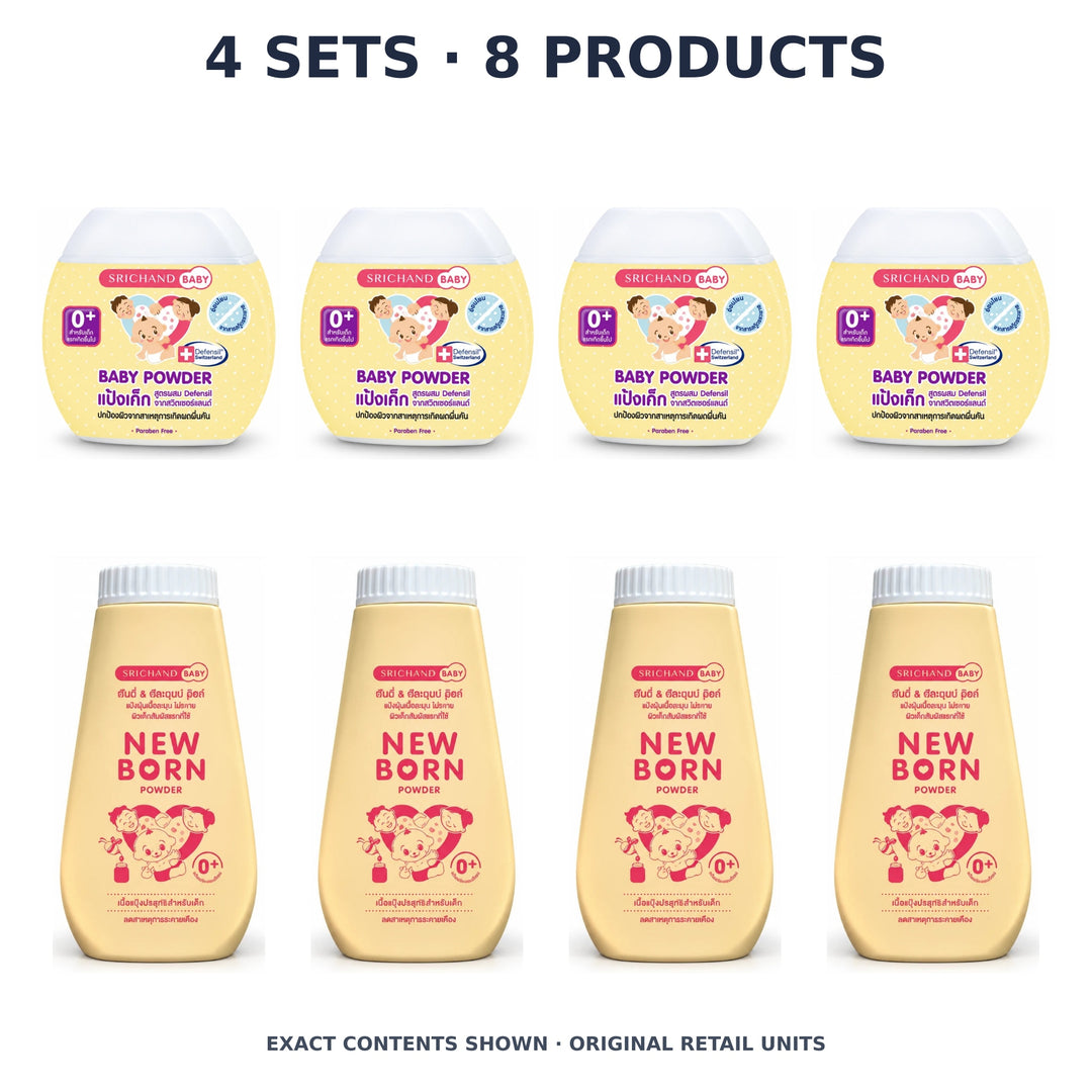 Srichand Baby Powder & Newborn Powder Duo – 4 Sets · 8 Products — exact quantity shown on white background