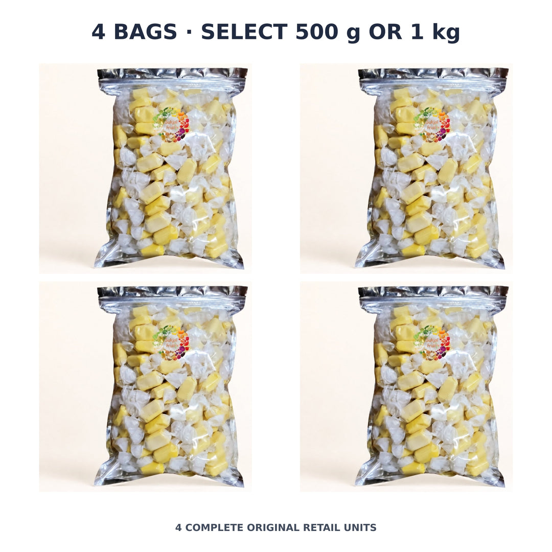 Sukjai Fruit Durian Milk Toffee – 4 Bags — exact quantity shown on white background