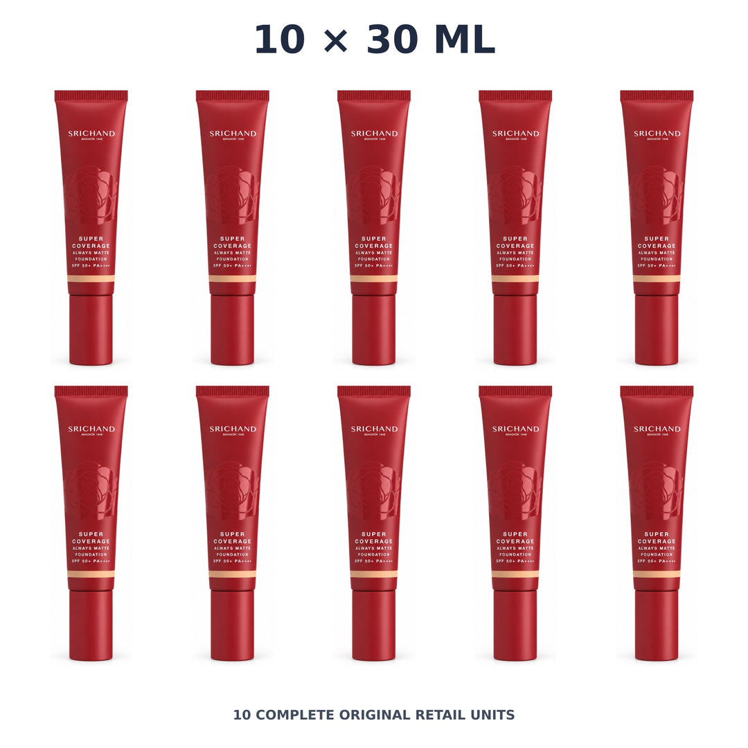 Srichand Super Coverage Always Matte Foundation SPF50+ PA++++ 30ml. 130 Natural – 10 × 30 ml — exact quantity shown on white background