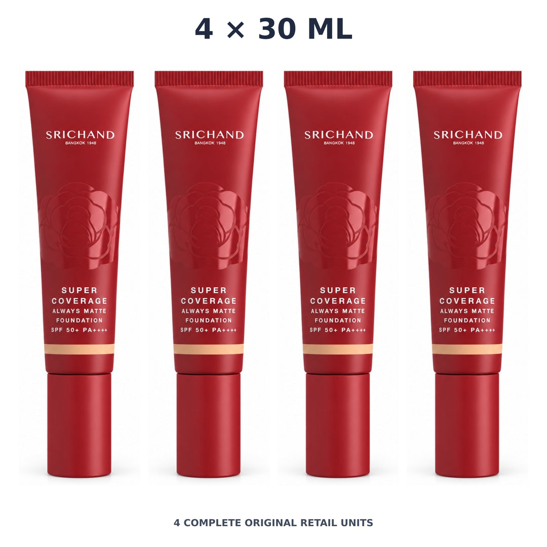 Srichand Super Coverage Always Matte Foundation SPF50+ PA++++ 30ml. 130 Natural – 4 × 30 ml — exact quantity shown on white background