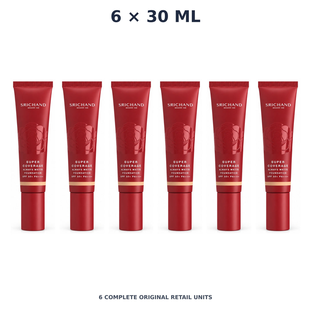 Srichand Super Coverage Always Matte Foundation SPF50+ PA++++ 30ml. 130 Natural – 6 × 30 ml — exact quantity shown on white background
