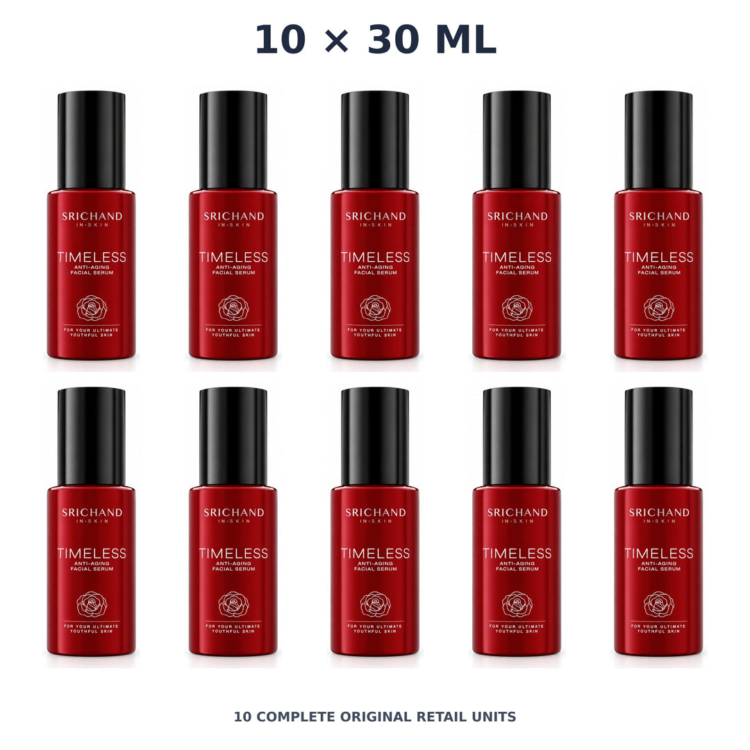 Srichand Timeless Anti-Aging Facial Serum 30ml – 10 × 30 ml — exact quantity shown on white background