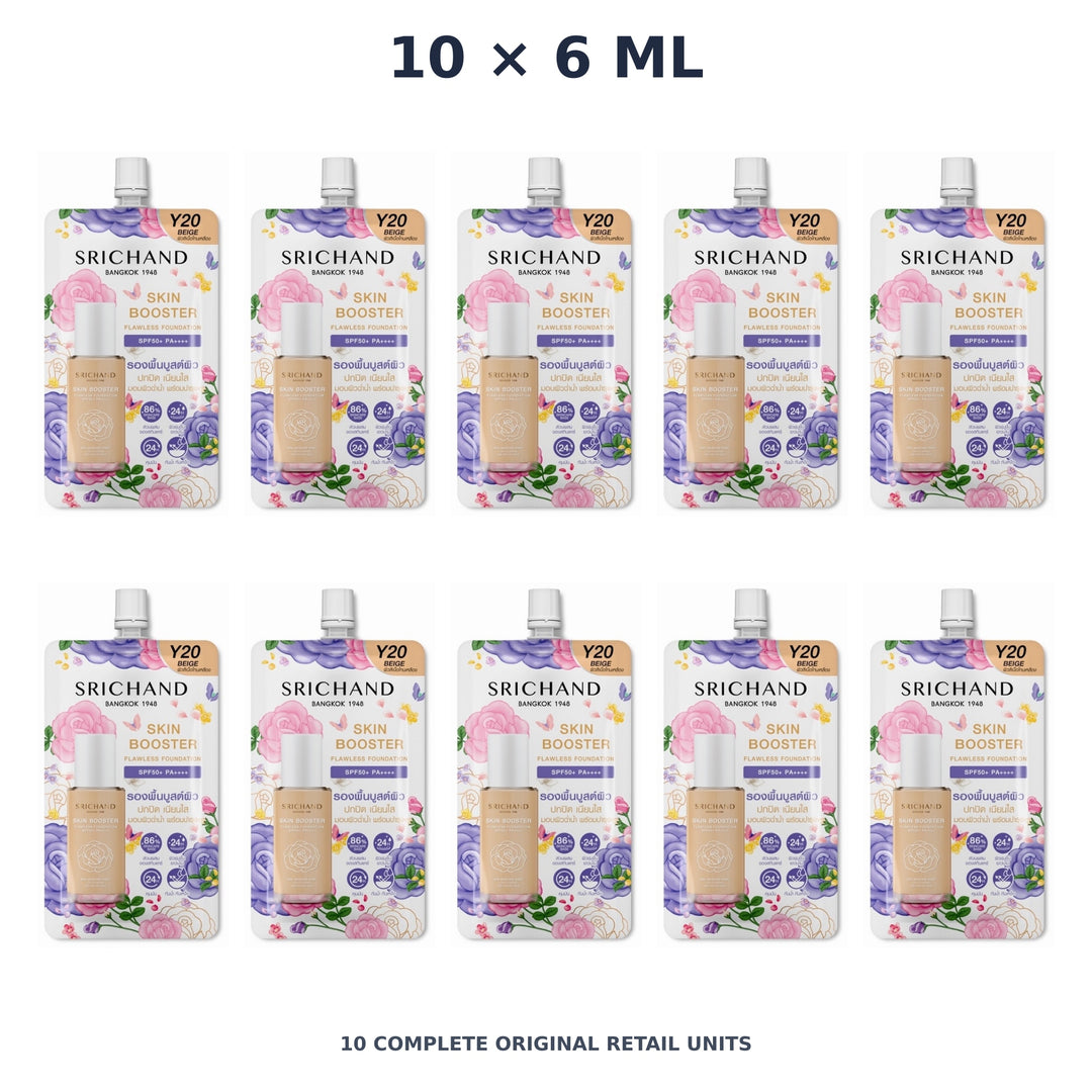 Srichand Skin Booster Flawless Foundation SPF50+ PA++++ 6ml. Y20 Beige – 10 × 6 ml — exact quantity shown on white background