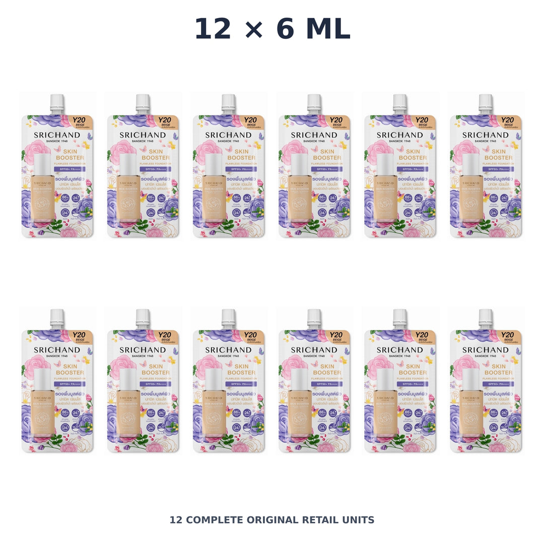 Srichand Skin Booster Flawless Foundation SPF50+ PA++++ 6ml. Y20 Beige – 12 × 6 ml — exact quantity shown on white background