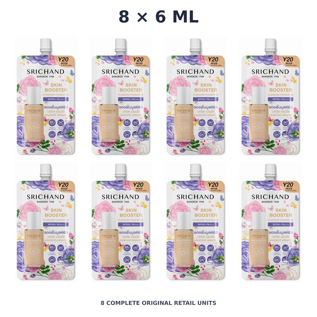 Srichand Skin Booster Flawless Foundation SPF50+ PA++++ 6ml. Y20 Beige – 8 × 6 ml — exact quantity shown on white background