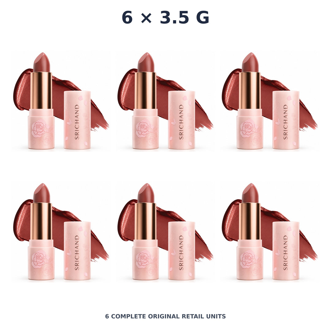 Srichand Enchanted Charming Satin Matte Lipstick 3.5g. 02 Mastery Power – 6 × 3.5 g — exact quantity shown on white background