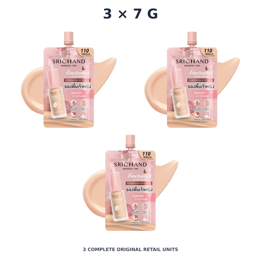 Srichand Enchanted Cover Perfect Foundation SPF35 PA+++ 7g. 110 Vanilla – 3 × 7 g — exact quantity shown on white background