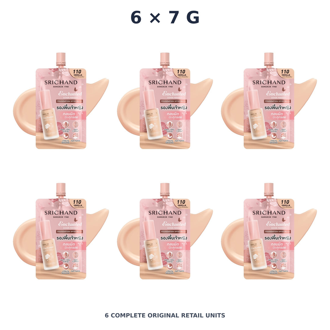 Srichand Enchanted Cover Perfect Foundation SPF35 PA+++ 7g. 110 Vanilla – 6 × 7 g — exact quantity shown on white background