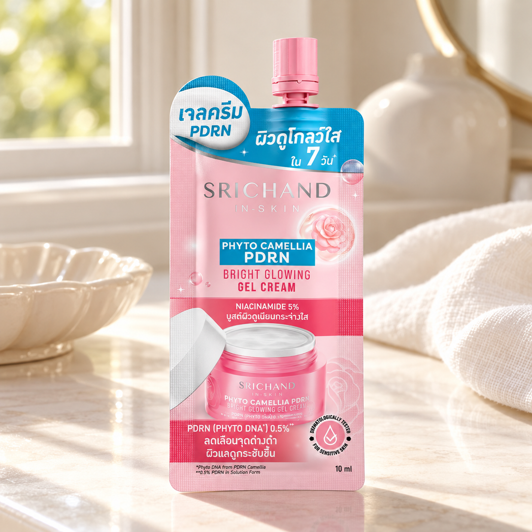Srichand Phyto Camellia PDRN Bright Glowing Gel Cream 10ml 10 ml — lifestyle view 2, serving or routine illustration