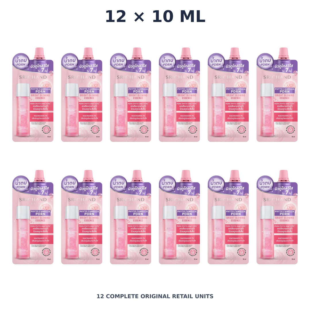 Srichand Phyto Camellia PDRN Bright Glowing Essence 10ml – 12 × 10 ml — exact quantity shown on white background