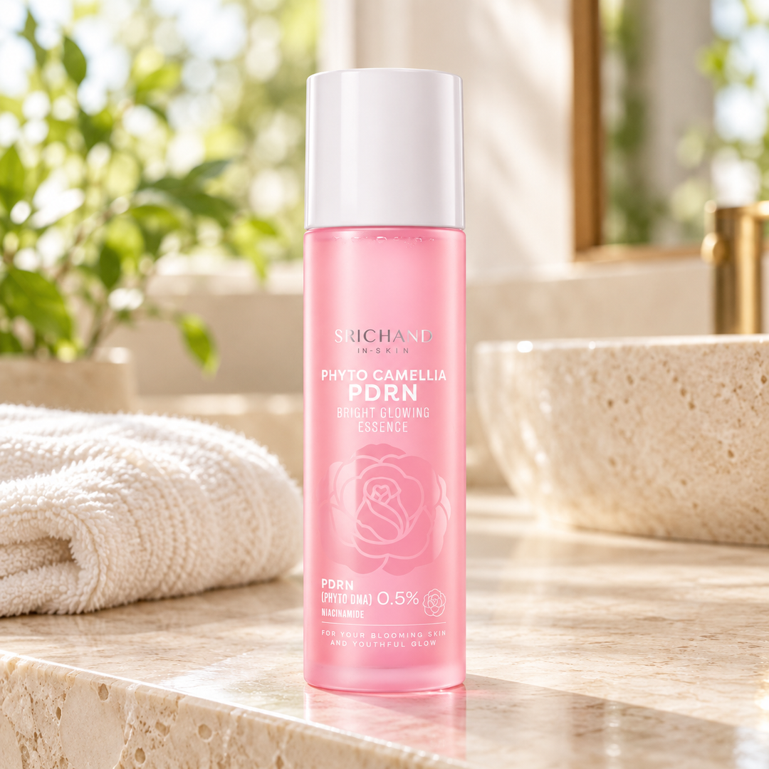 Srichand Phyto Camellia PDRN Bright Glowing Essence 150ml 150 ml — lifestyle view 1, serving or routine illustration