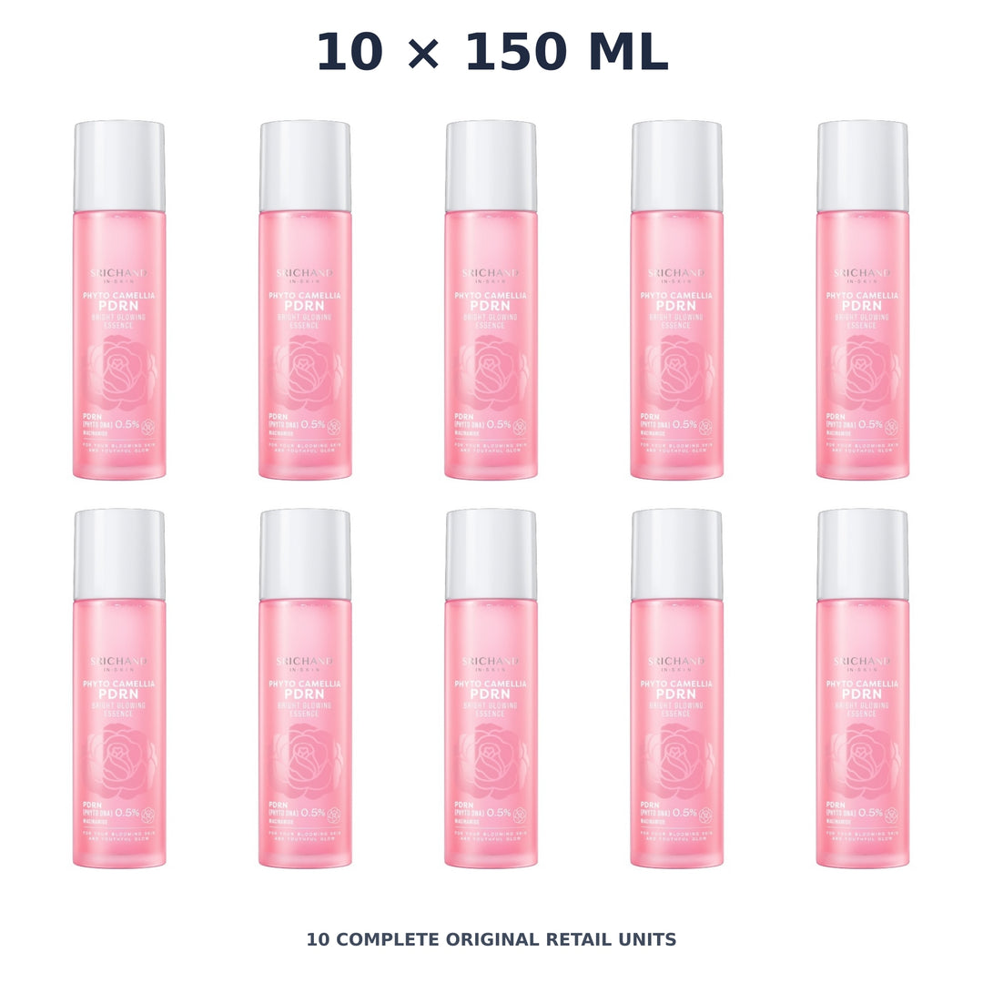 Srichand Phyto Camellia PDRN Bright Glowing Essence 150ml – 10 × 150 ml — exact quantity shown on white background