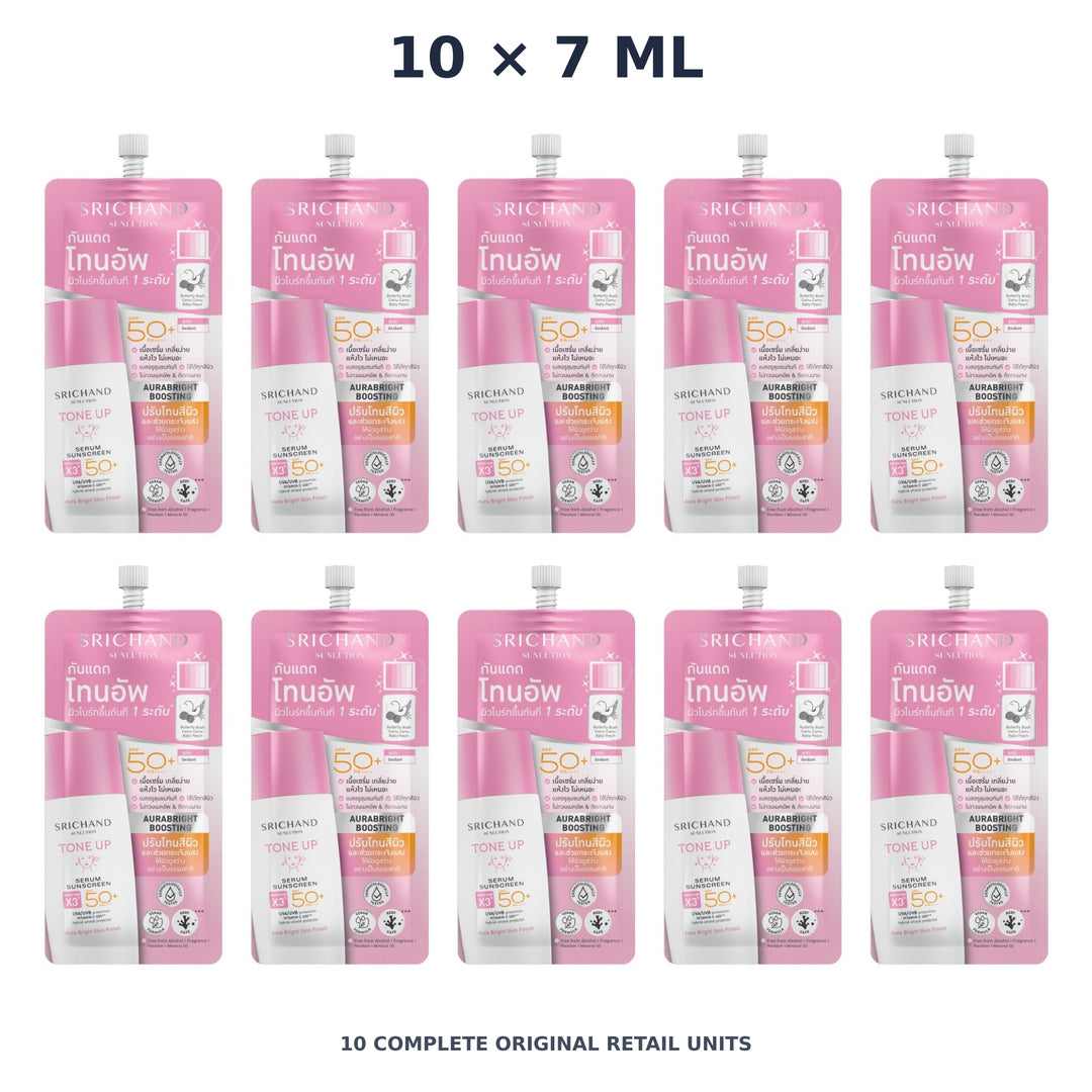 Srichand Sunlution Tone Up Serum Sunscreen SPF50+ PA ++++ 7ml – 10 × 7 ml — exact quantity shown on white background
