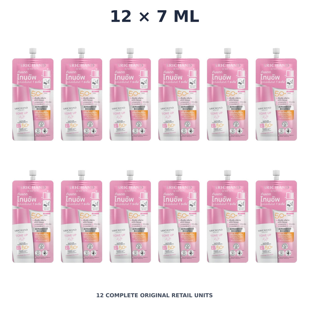 Srichand Sunlution Tone Up Serum Sunscreen SPF50+ PA ++++ 7ml – 12 × 7 ml — exact quantity shown on white background
