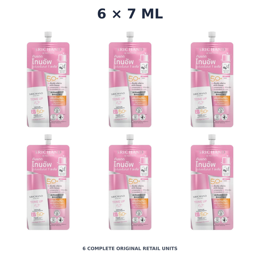 Srichand Sunlution Tone Up Serum Sunscreen SPF50+ PA ++++ 7ml – 6 × 7 ml — exact quantity shown on white background