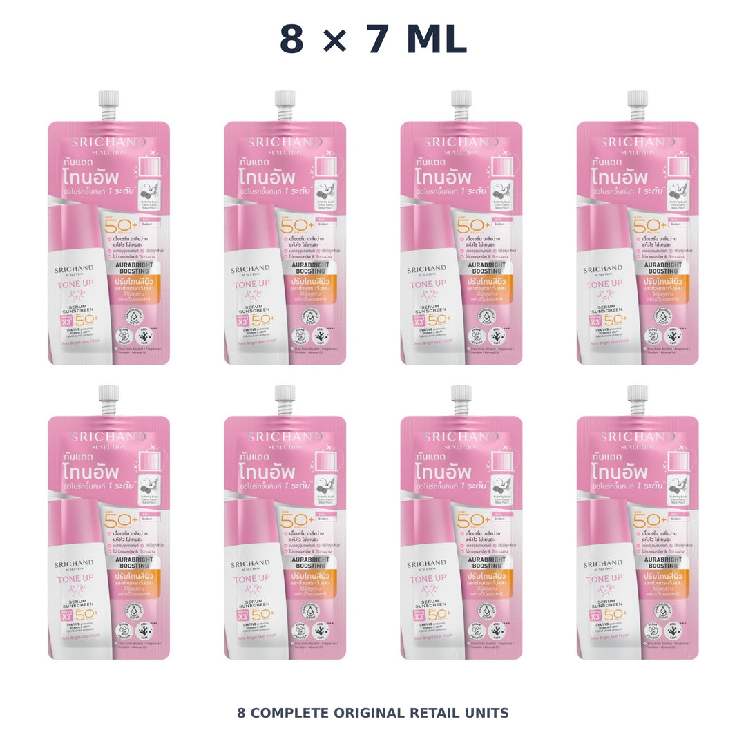 Srichand Sunlution Tone Up Serum Sunscreen SPF50+ PA ++++ 7ml – 8 × 7 ml — exact quantity shown on white background