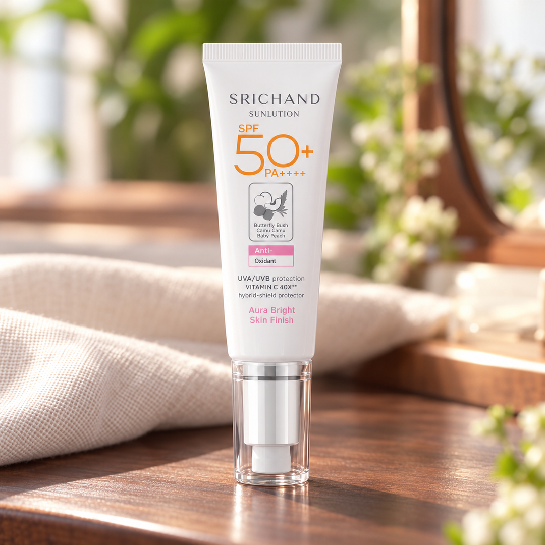 Srichand Sunlution Tone Up Serum Sunscreen SPF50+ PA ++++ 15ml 15 ml — lifestyle view 2, serving or routine illustration