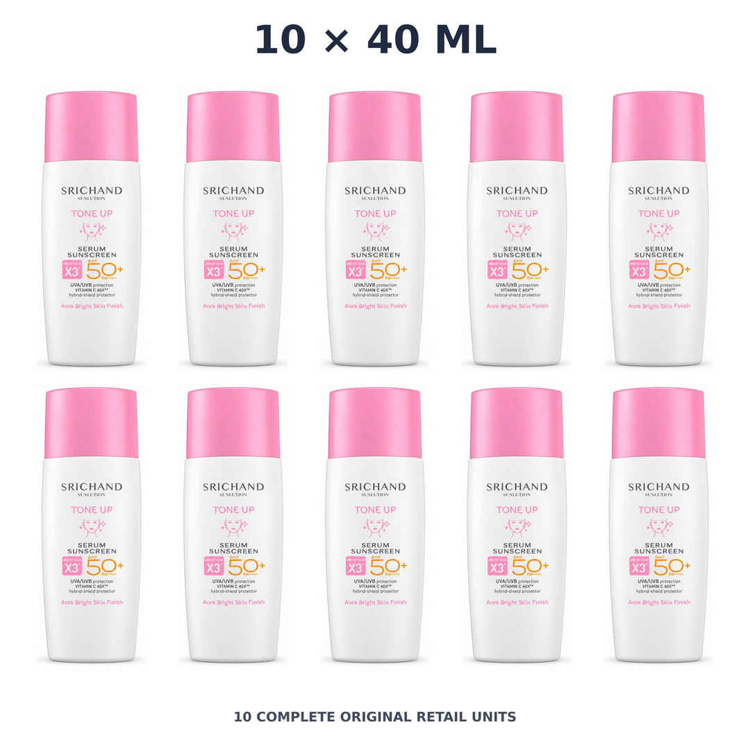 Srichand Sunlution Tone Up Serum Sunscreen SPF50+ PA ++++ 40ml – 10 × 40 ml — exact quantity shown on white background