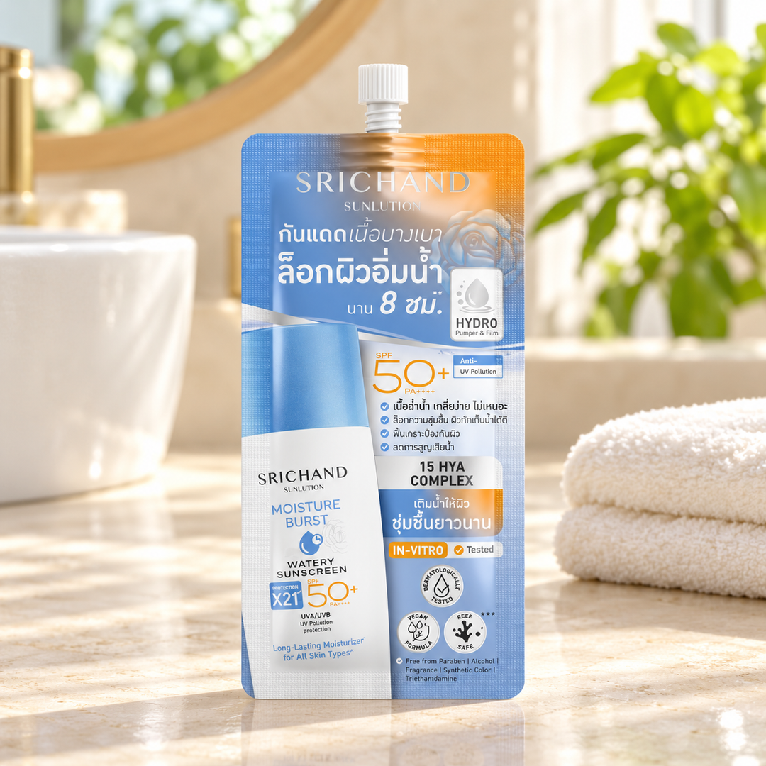 Srichand Sunlution Moisture Burst Watery Sunscreen SPF50+ PA++++ 7ml 7 ml — lifestyle view 1, serving or routine illustration